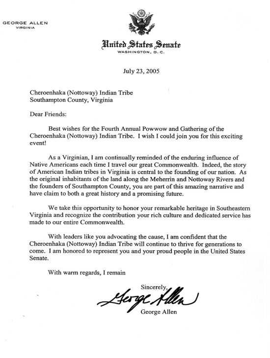 Letter of Support from Senator Allen