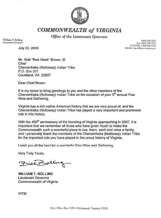 Letter of support from Lt. Governor Bill Bolling