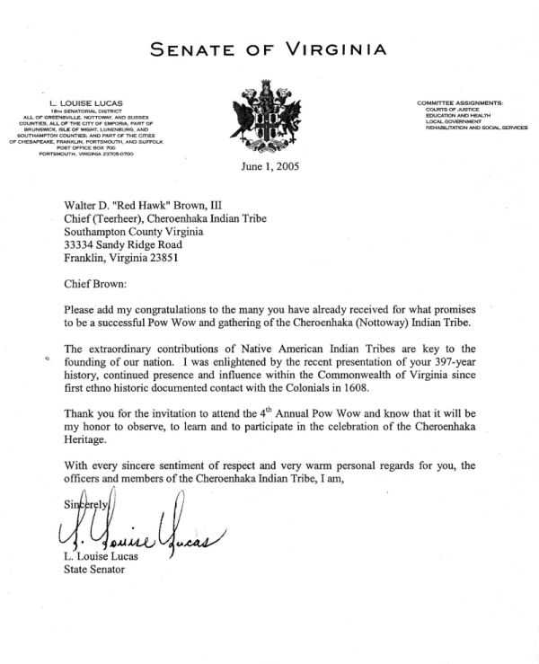 Letter of Support from Virginia Senator Lucas