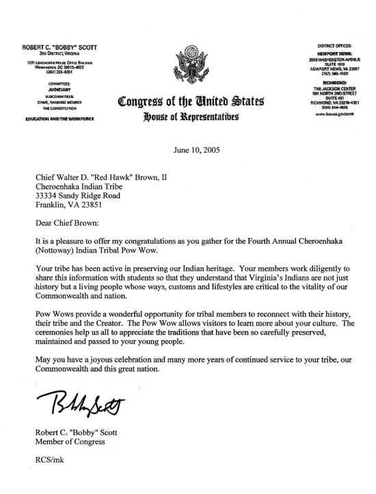 Letter of Support from US Congressman Bobby Scott